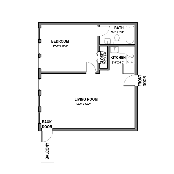 Floor plan for 1 bed, 1 bath, 650 sqft
